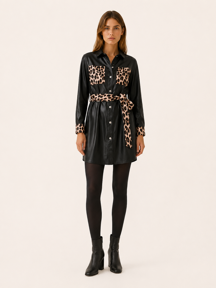 Orla™ | Faux Leather Trench Coat with Leopard Print Belt, Black