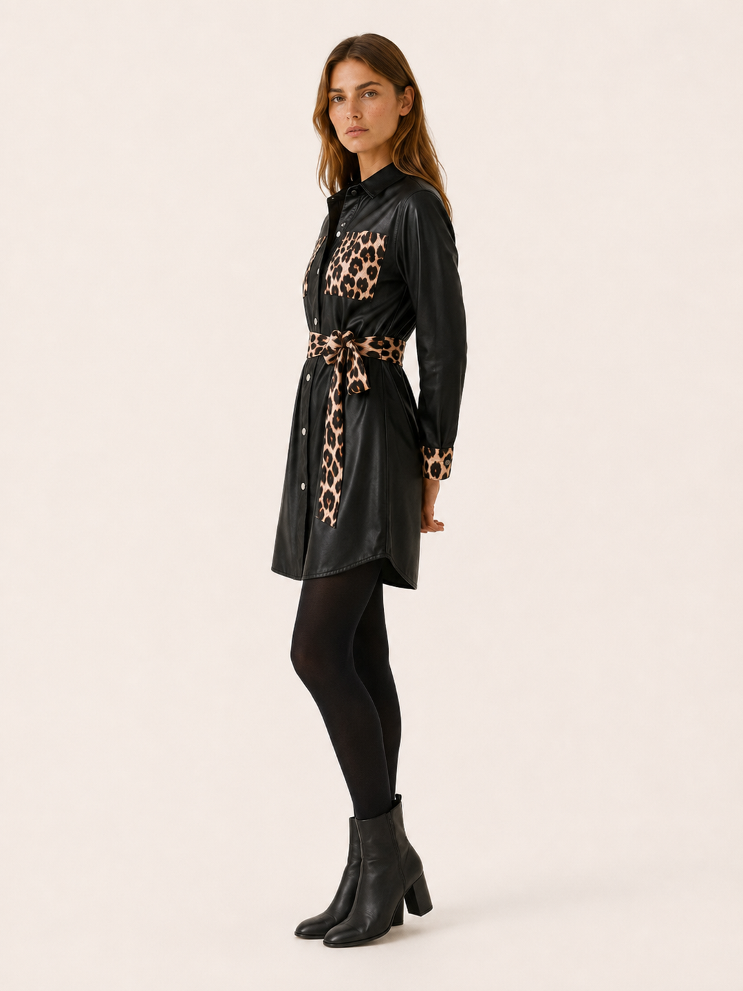 Orla™ | Faux Leather Trench Coat with Leopard Print Belt, Black
