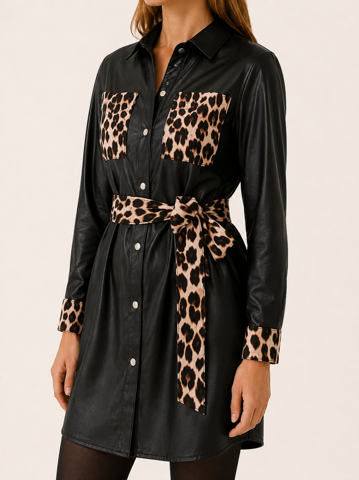 Orla™ | Faux Leather Trench Coat with Leopard Print Belt, Black