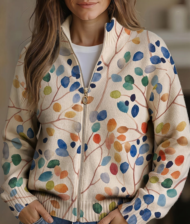 Damaris™ | Women's Botanical Print Mock Neck Zip Up Cardigan