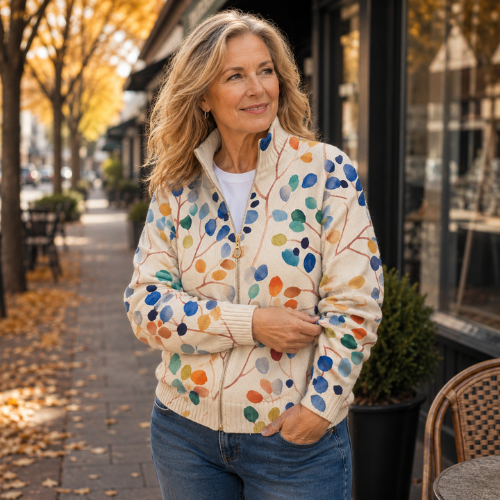 Damaris™ | Women's Botanical Print Mock Neck Zip Up Cardigan