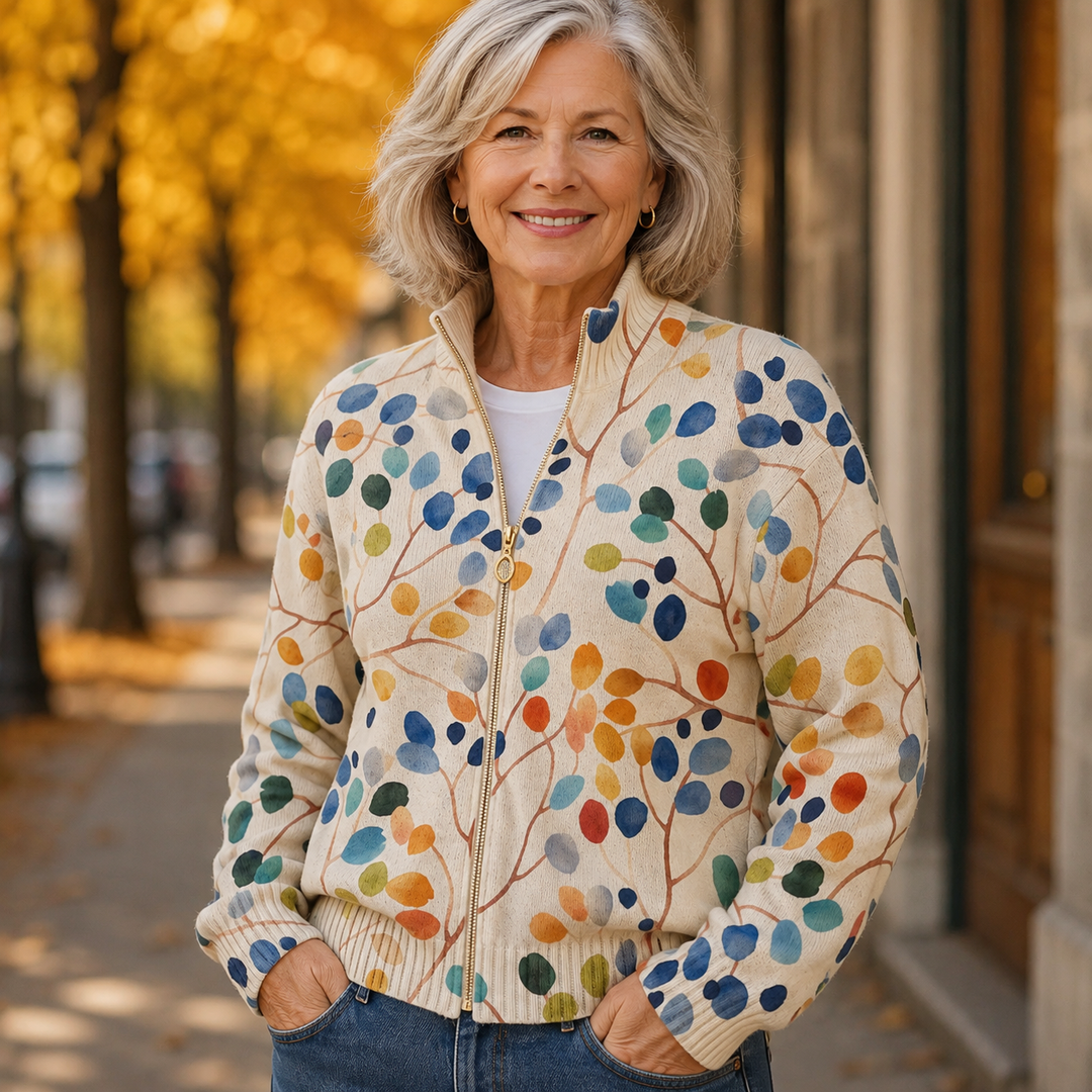 Damaris™ | Women's Botanical Print Mock Neck Zip Up Cardigan