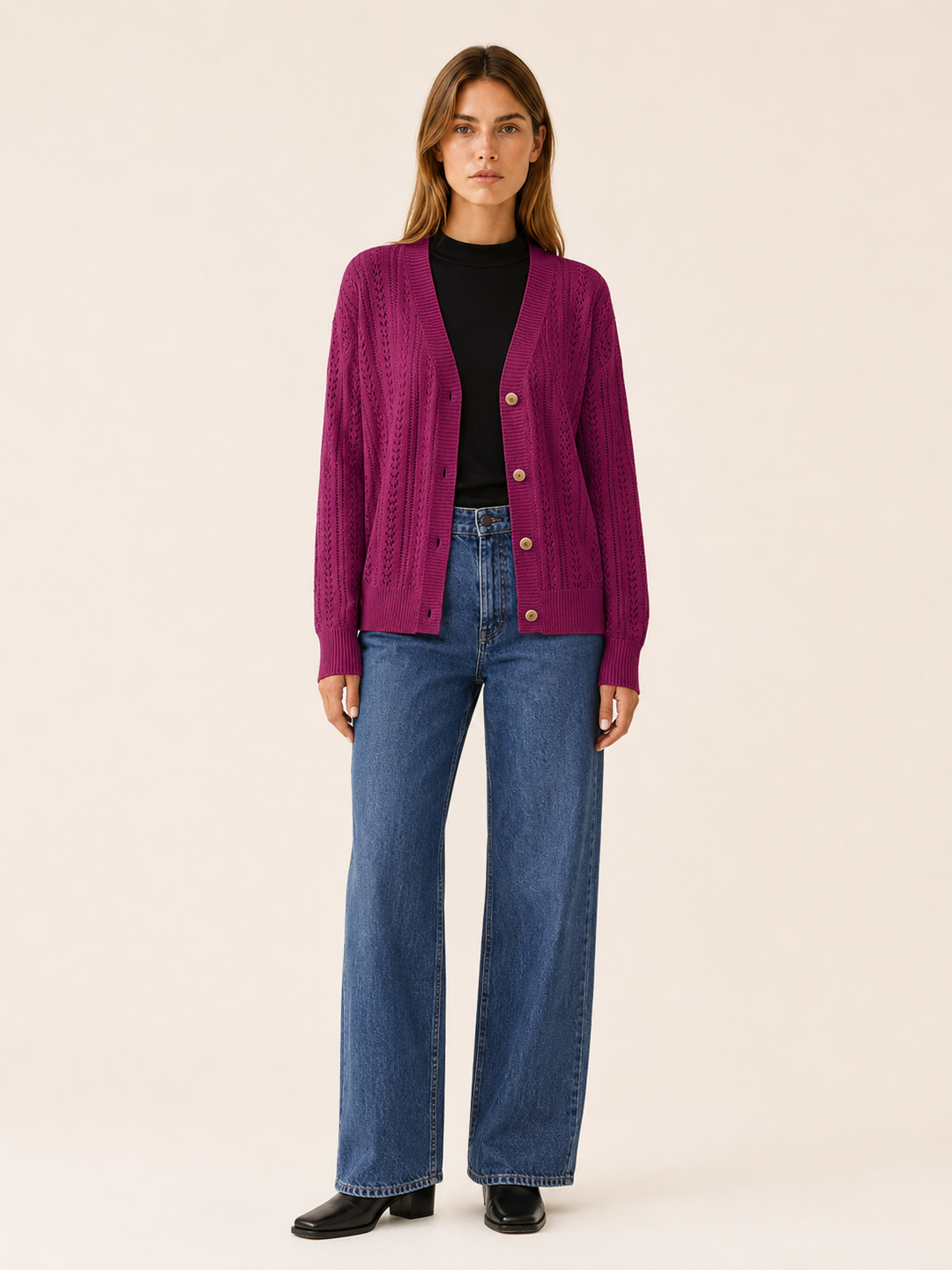 Pernille™ | Openwork V-Neck Cardigan with Button Front