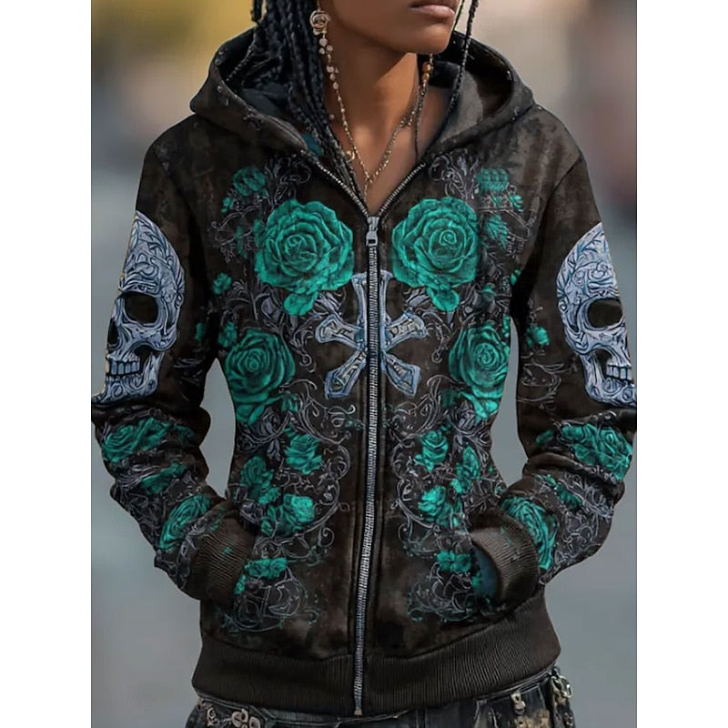 Rhiannon™ | Women's Halloween Skull and Rose Print Zip Up Hoodie
