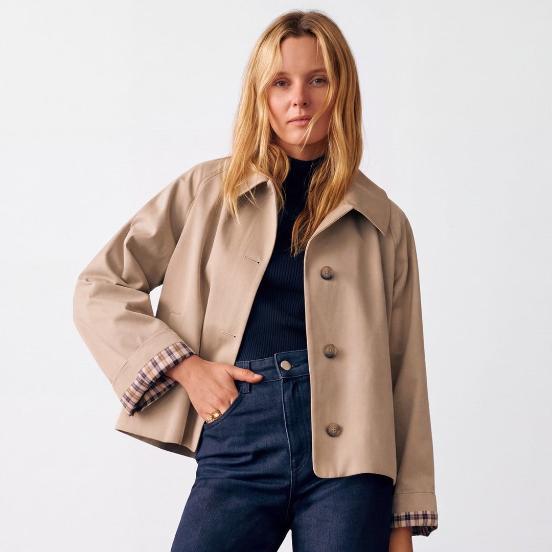 Reine™ | Women's Oversized Cropped Trench Jacket with Notch Lapel