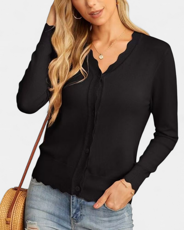 Avril™ | Women's Scalloped Edge Cropped Button Up Knit Cardigan