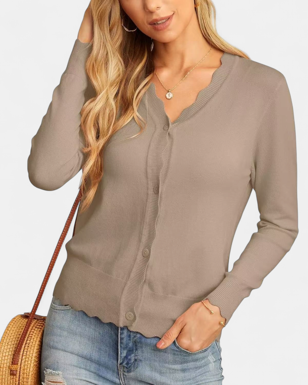Avril™ | Women's Scalloped Edge Cropped Button Up Knit Cardigan