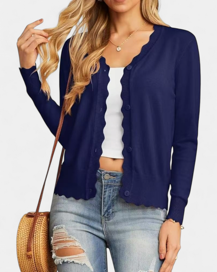 Avril™ | Women's Scalloped Edge Cropped Button Up Knit Cardigan