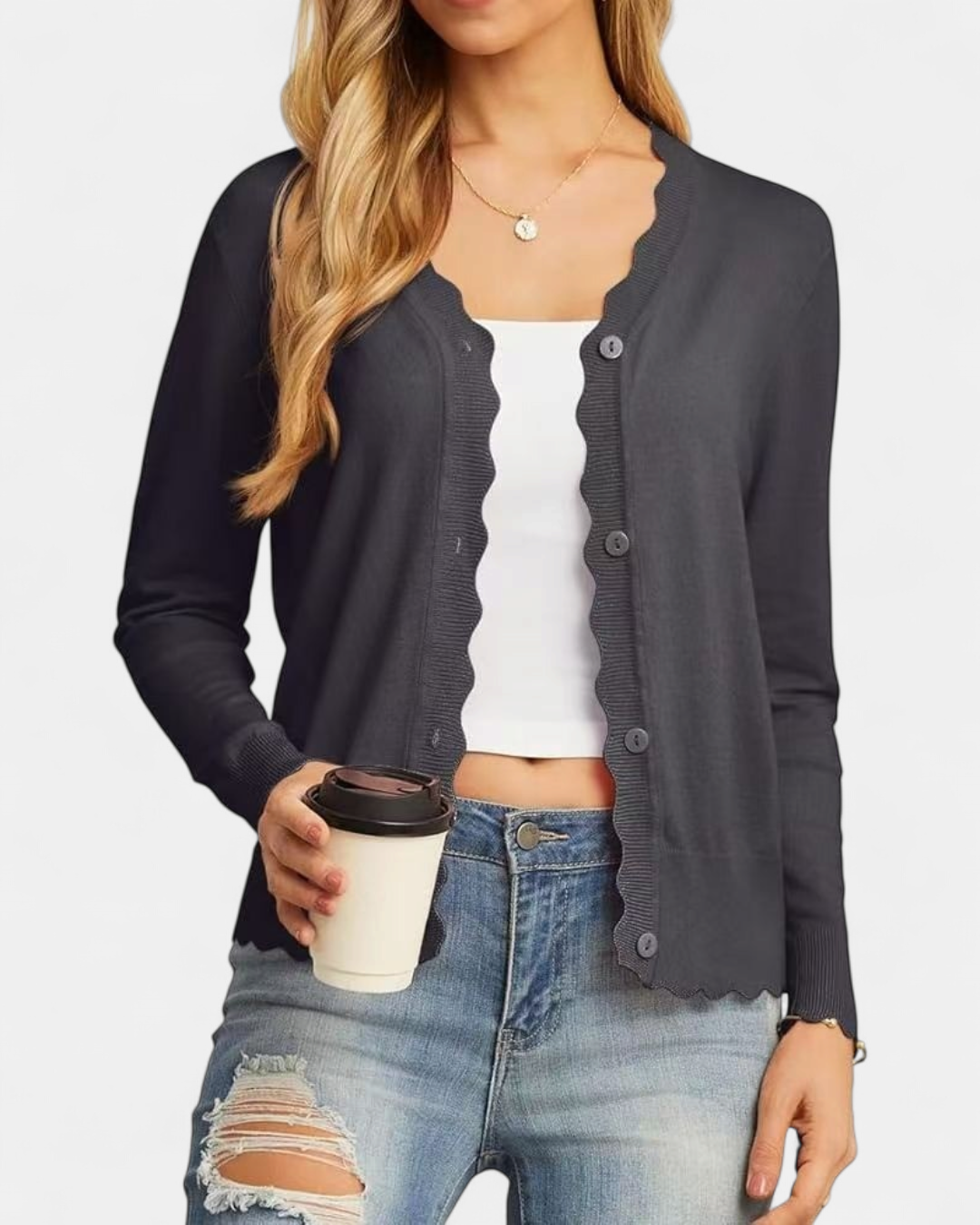Avril™ | Women's Scalloped Edge Cropped Button Up Knit Cardigan