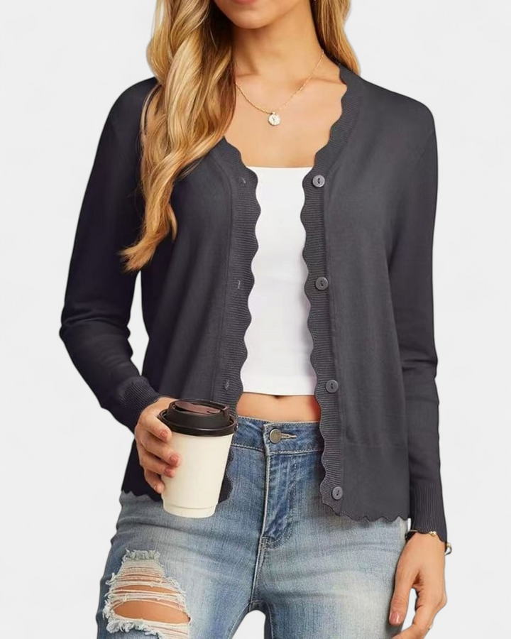 Avril™ | Women's Scalloped Edge Cropped Button Up Knit Cardigan