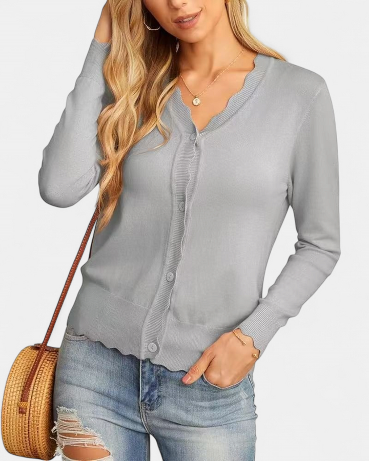Avril™ | Women's Scalloped Edge Cropped Button Up Knit Cardigan