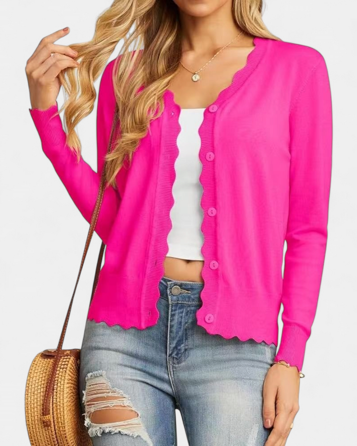 Avril™ | Women's Scalloped Edge Cropped Button Up Knit Cardigan