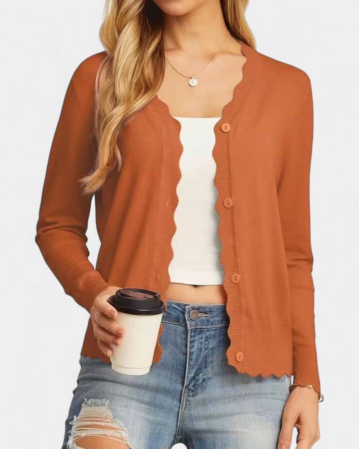 Avril™ | Women's Scalloped Edge Cropped Button Up Knit Cardigan