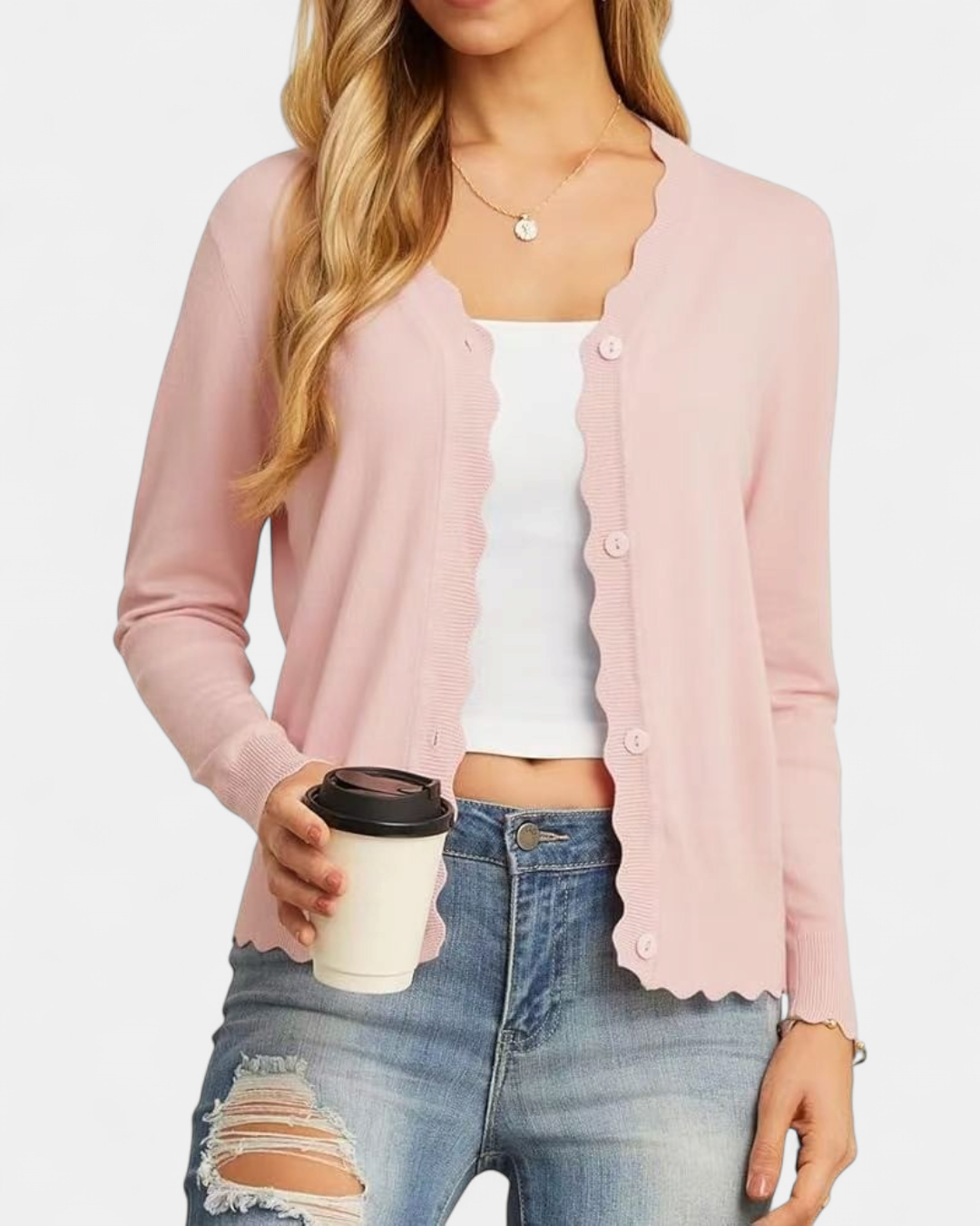 Avril™ | Women's Scalloped Edge Cropped Button Up Knit Cardigan