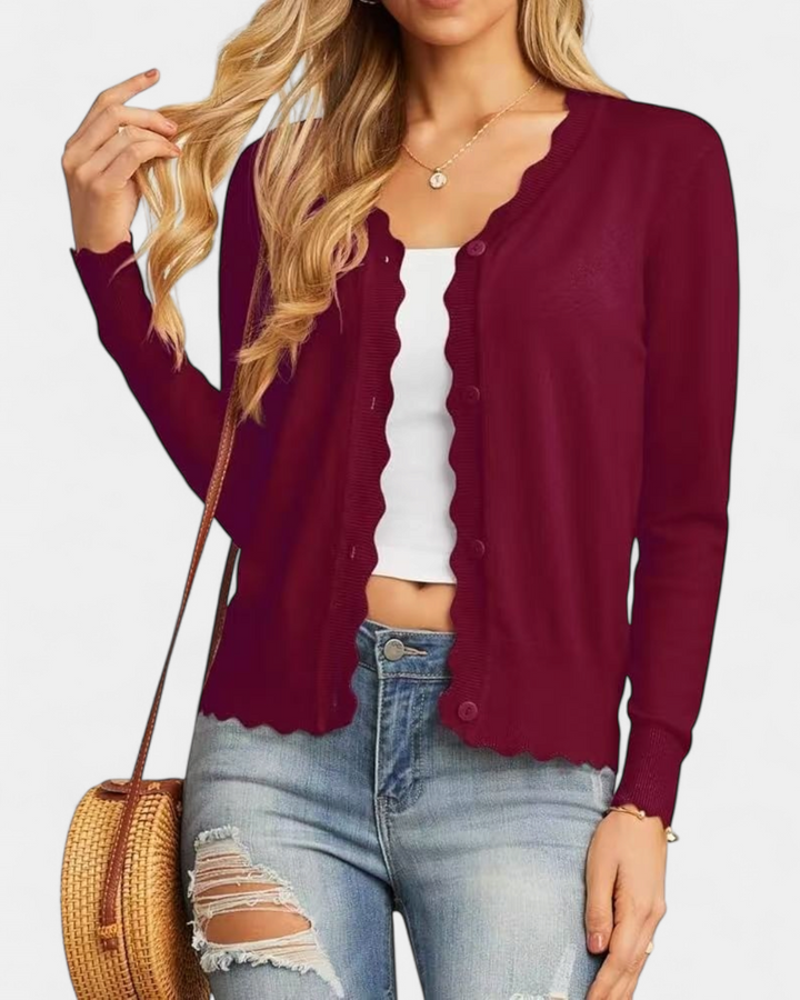 Avril™ | Women's Scalloped Edge Cropped Button Up Knit Cardigan