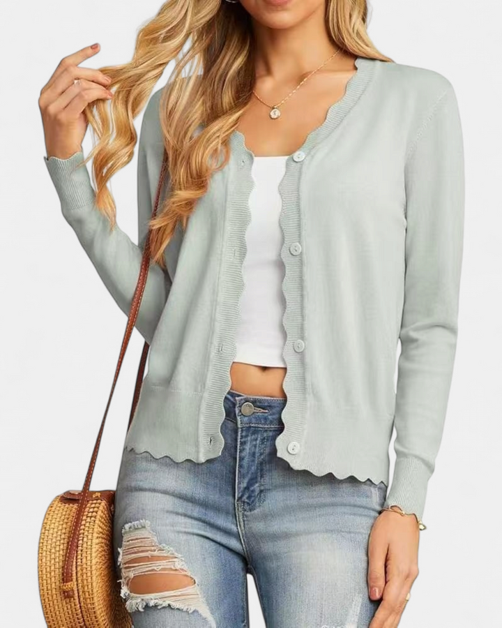 Avril™ | Women's Scalloped Edge Cropped Button Up Knit Cardigan