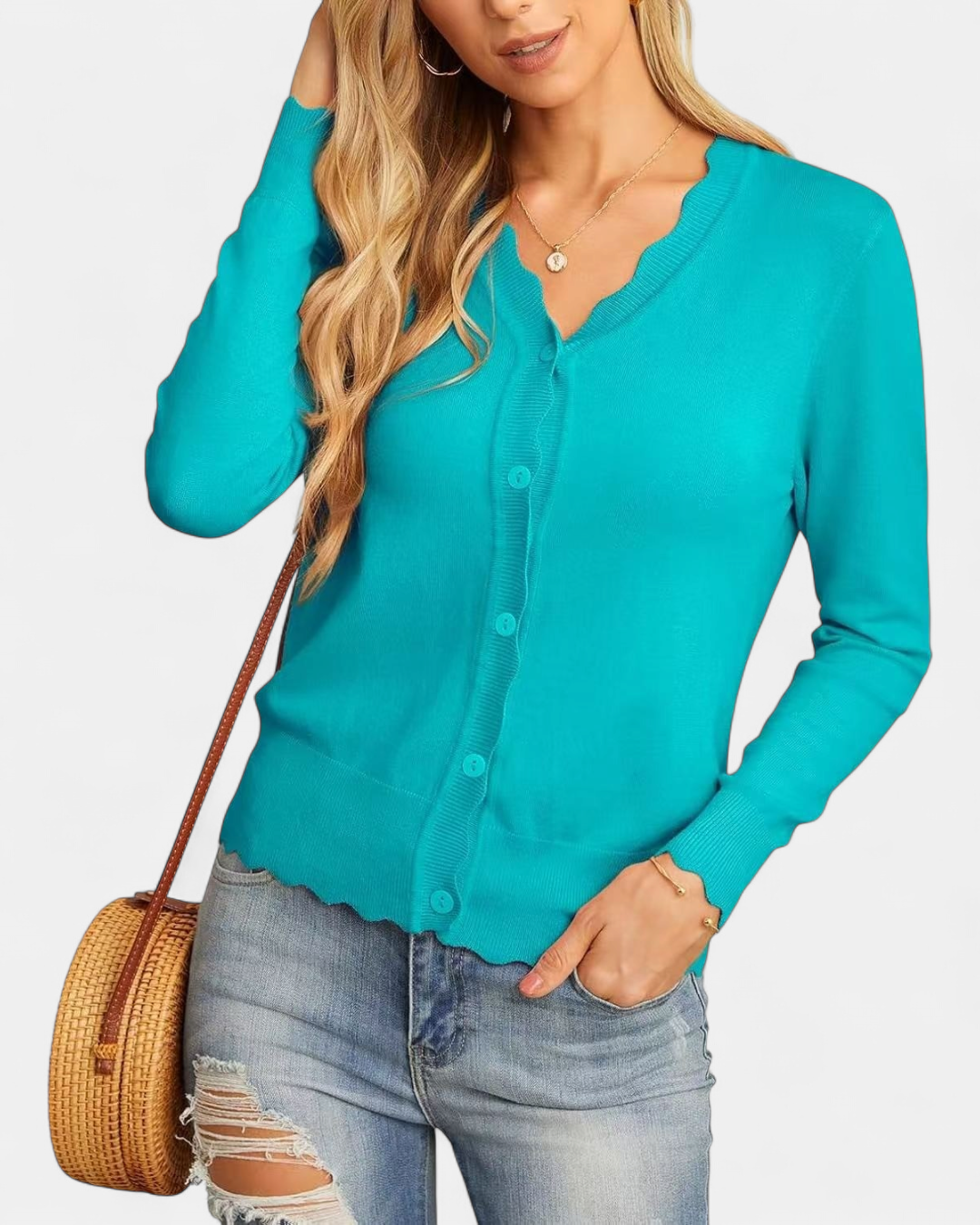 Avril™ | Women's Scalloped Edge Cropped Button Up Knit Cardigan