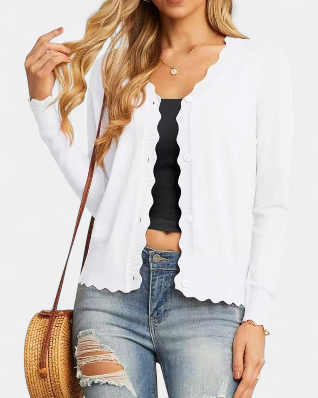 Avril™ | Women's Scalloped Edge Cropped Button Up Knit Cardigan