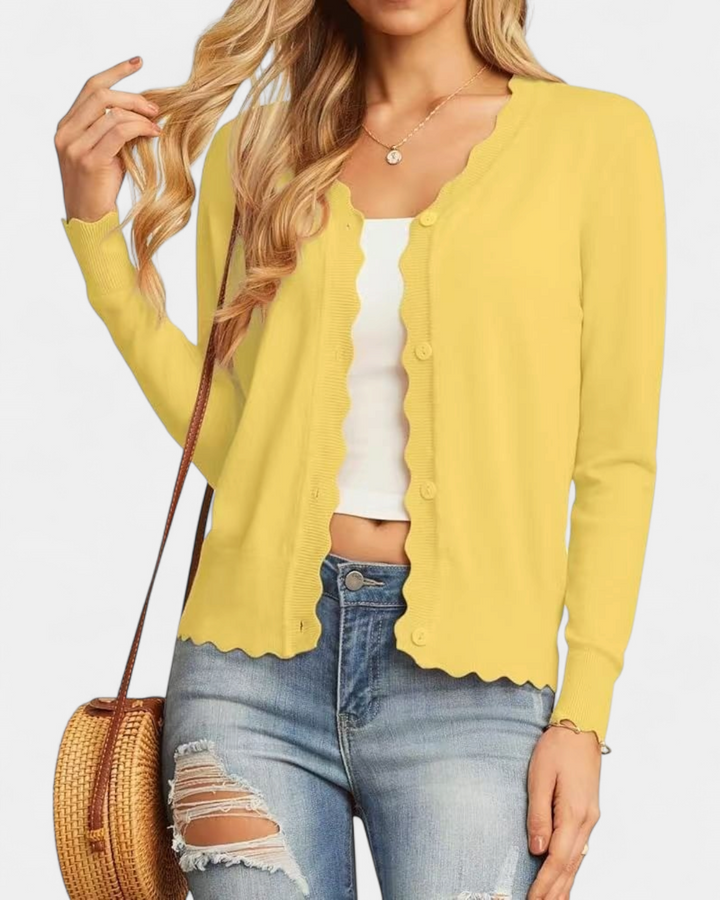 Avril™ | Women's Scalloped Edge Cropped Button Up Knit Cardigan