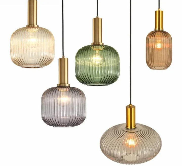 Ribbed Glass Pendant Light with Metal Tube Fitting — view 1