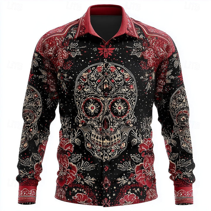 Fenwick™ | Men's Halloween Skull and Floral Print Button Up Shirt