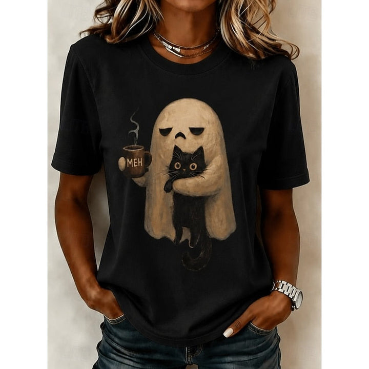 Cerys™ | Women's Halloween Ghost and Cat Print T Shirt