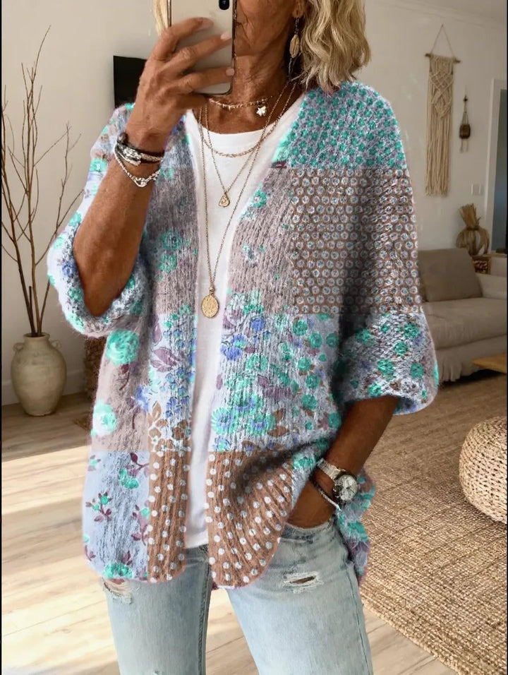 Qadira™ | Women's Floral Patchwork Knit Open Front Cardigan