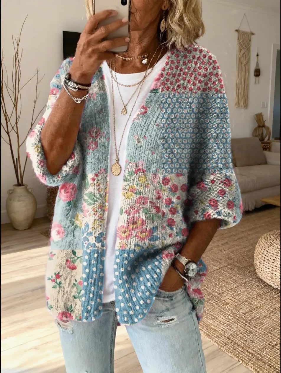 Qadira™ | Women's Floral Patchwork Knit Open Front Cardigan