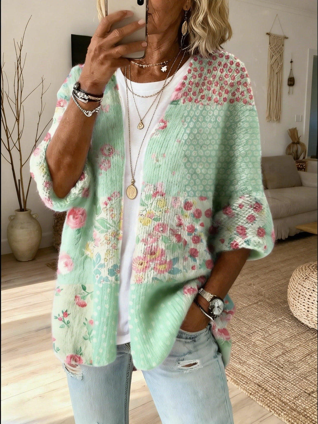 Qadira™ | Women's Floral Patchwork Knit Open Front Cardigan