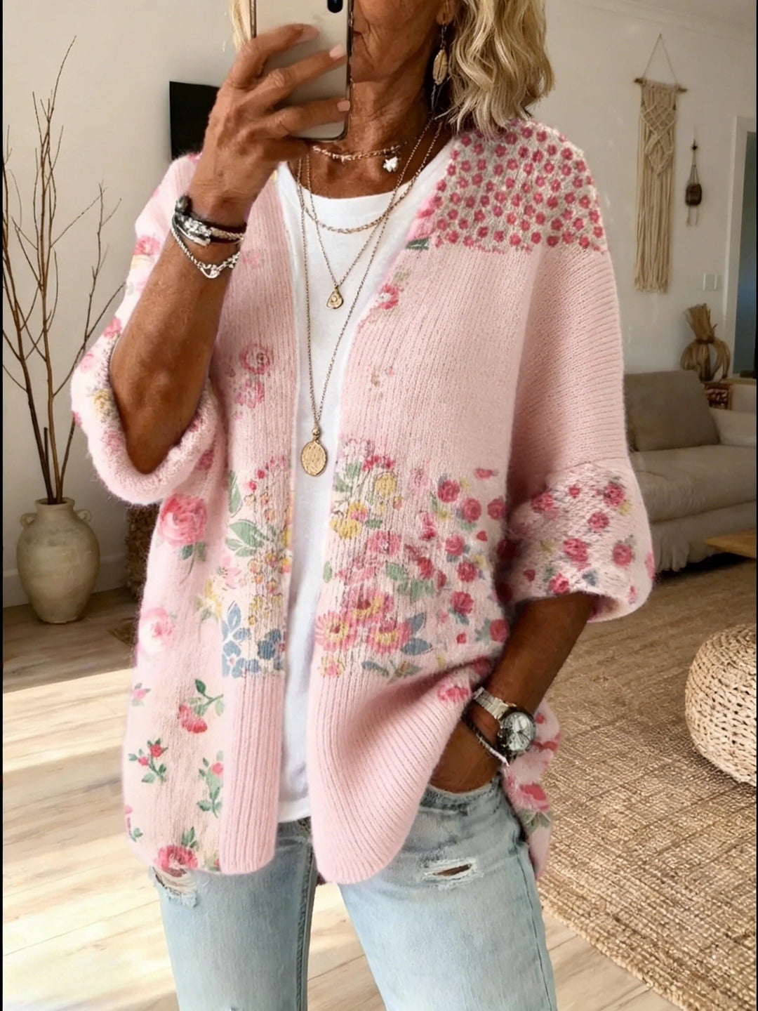 Qadira™ | Women's Floral Patchwork Knit Open Front Cardigan
