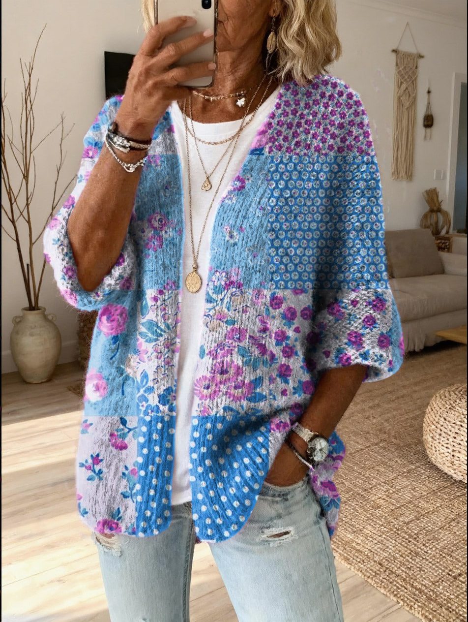 Qadira™ | Women's Floral Patchwork Knit Open Front Cardigan