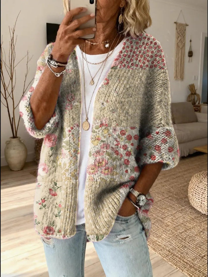 Qadira™ | Women's Floral Patchwork Knit Open Front Cardigan