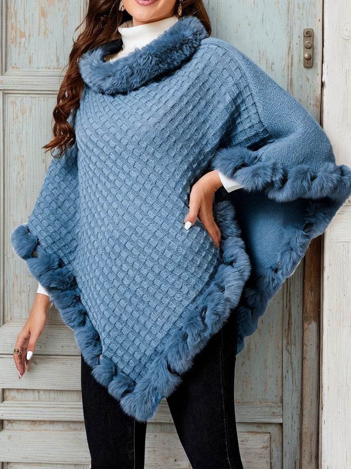 Ulrika™ | Women's Knit Poncho with Cowl Neck and Faux Fur Trim