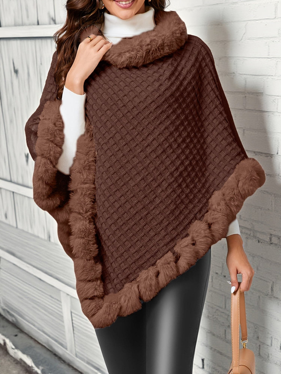 Ulrika™ | Women's Knit Poncho with Cowl Neck and Faux Fur Trim