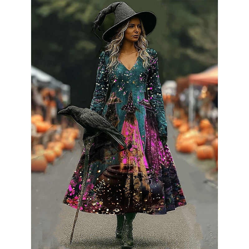 Tansy™ | Women's Halloween Witch Print Long Sleeve A Line Maxi Dress