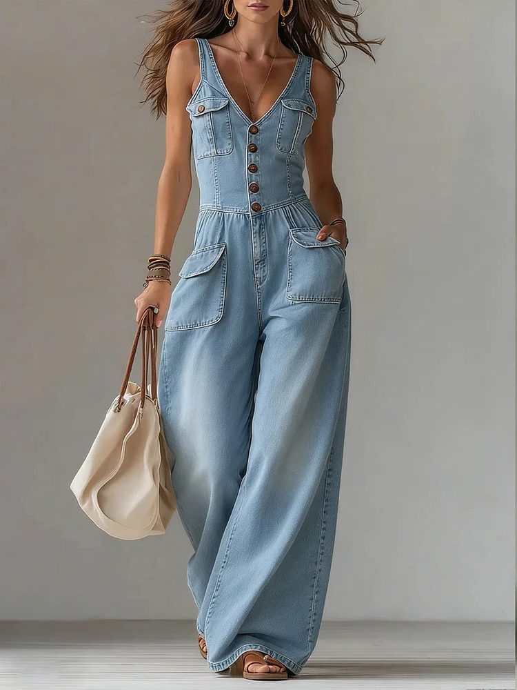 Rosselle™ | Women's Denim Wide Leg Jumpsuit with V-Neck and Button Front