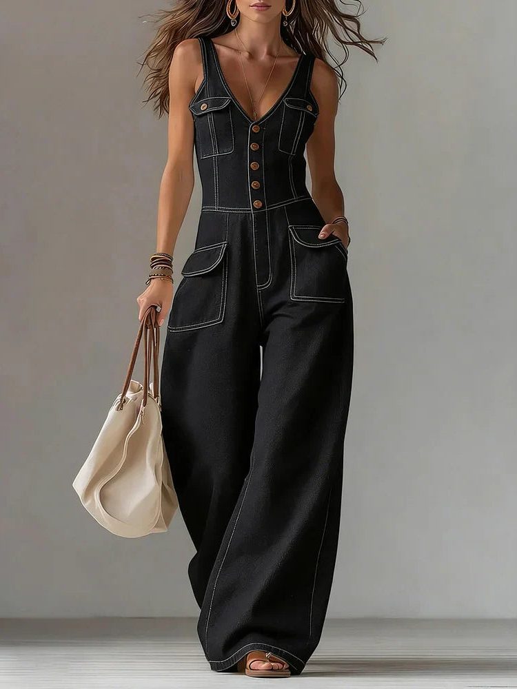 Rosselle™ | Women's Denim Wide Leg Jumpsuit with V-Neck and Button Front