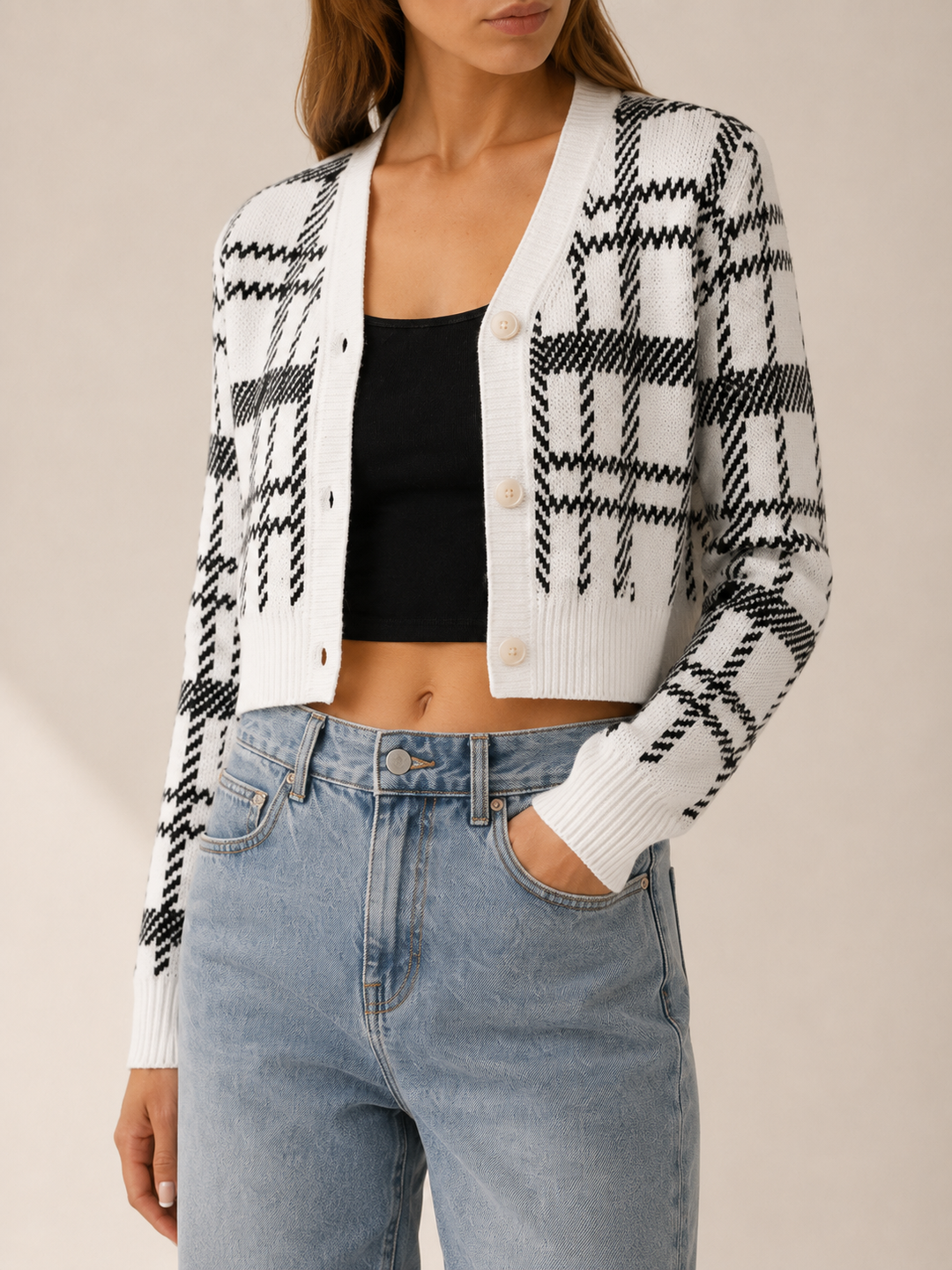 Rovixa™ | Cropped Plaid Cardigan with V-Neck