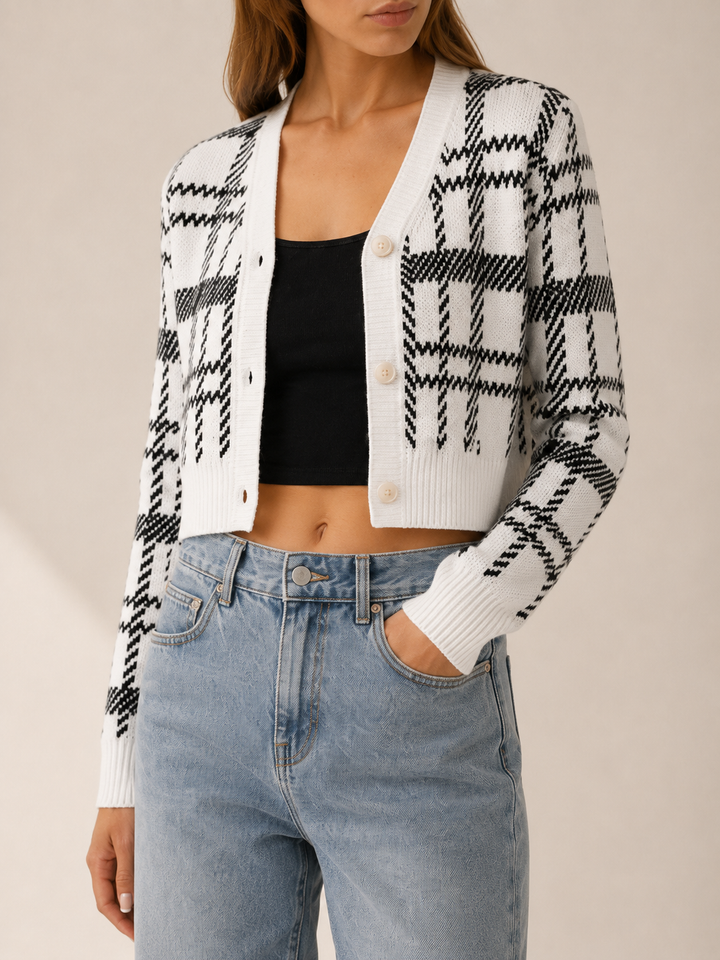 Rovixa™ | Cropped Plaid Cardigan with V-Neck