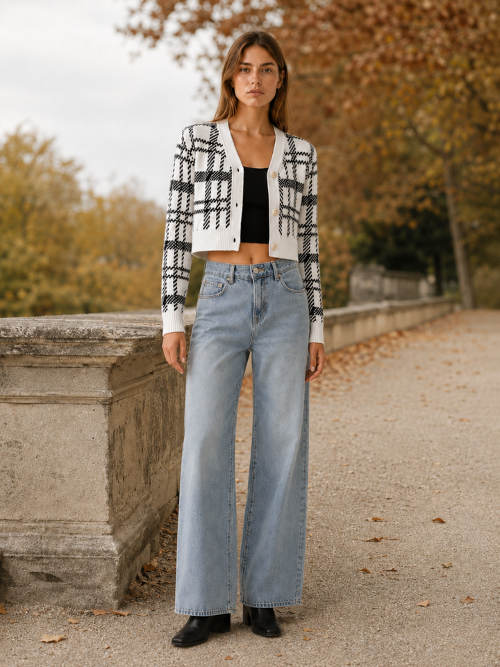 Rovixa™ | Cropped Plaid Cardigan with V-Neck