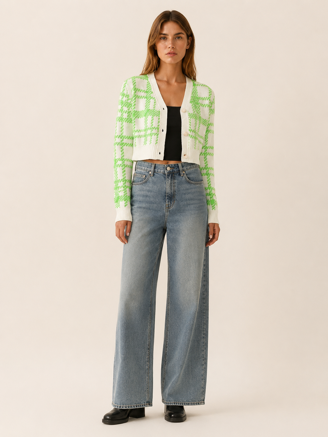 Rovixa™ | Cropped Plaid Cardigan with V-Neck