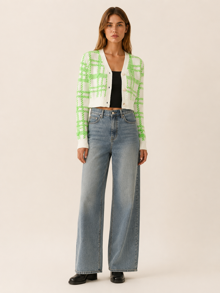Rovixa™ | Cropped Plaid Cardigan with V-Neck