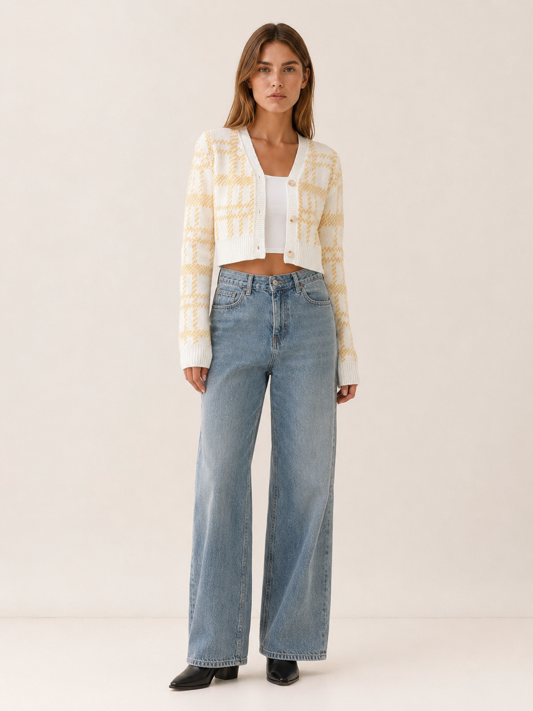 Rovixa™ | Cropped Plaid Cardigan with V-Neck