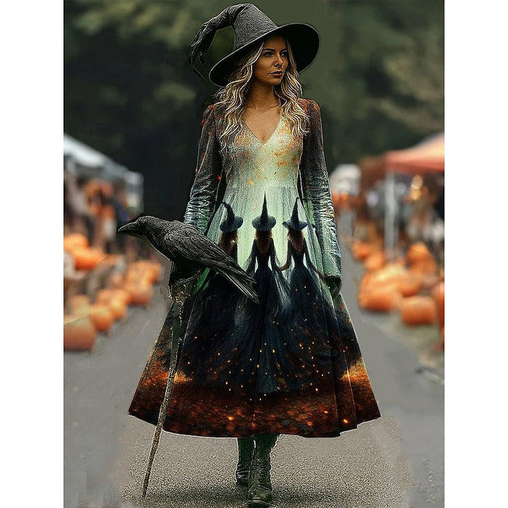 Tansy™ | Women's Halloween Witch Print Long Sleeve A Line Maxi Dress