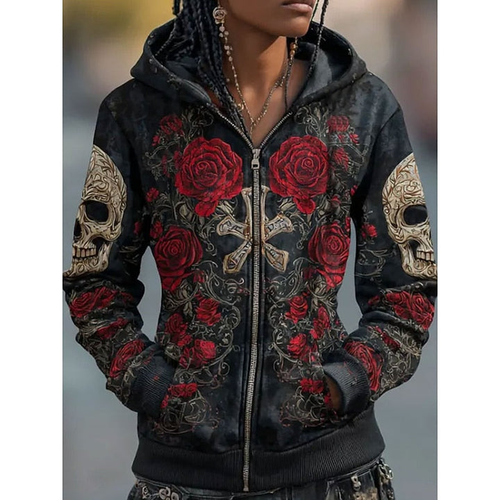 Rhiannon™ | Women's Halloween Skull and Rose Print Zip Up Hoodie