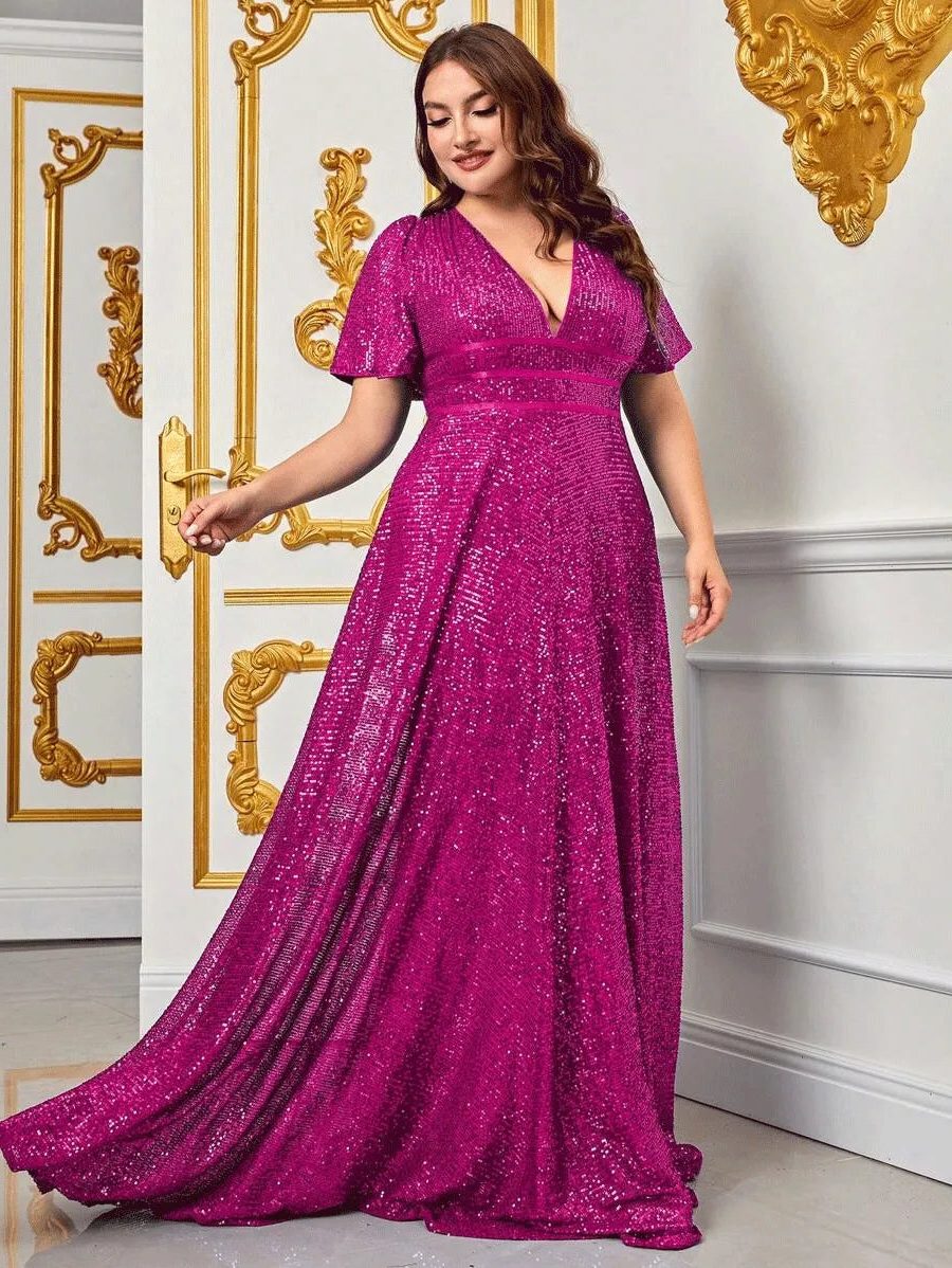 Sade™ | Women's Sequin Maxi Dress with V-Neck and Short Sleeves