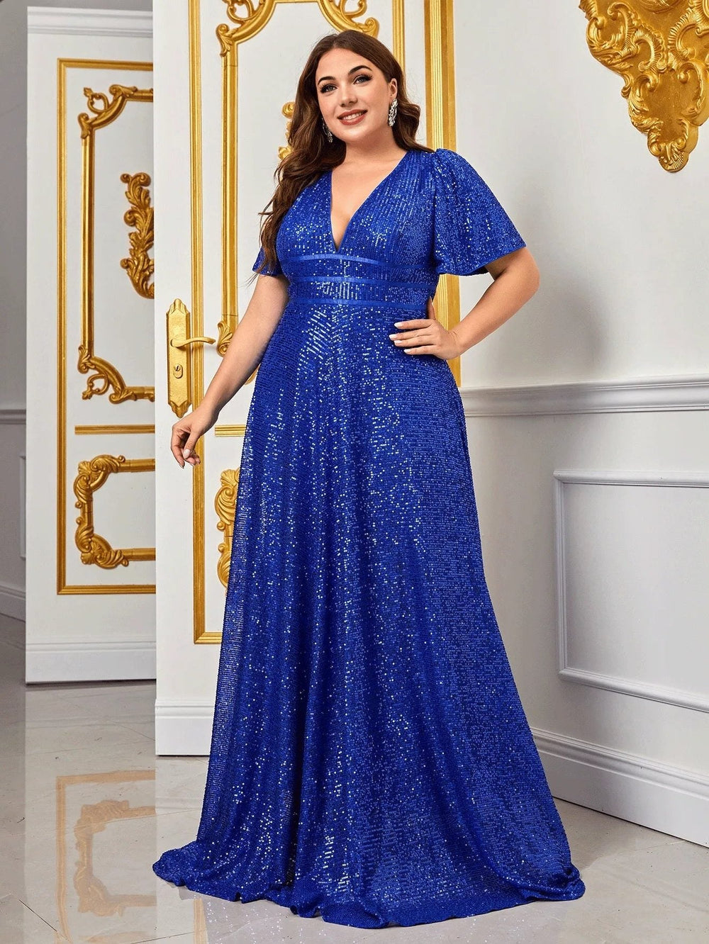 Sade™ | Women's Sequin Maxi Dress with V-Neck and Short Sleeves