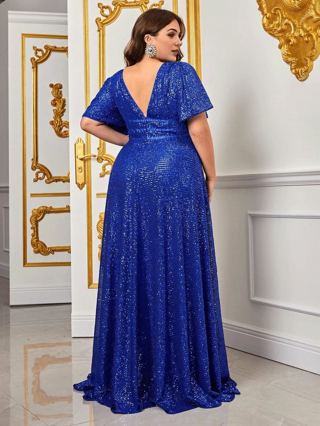 Sade™ | Women's Sequin Maxi Dress with V-Neck and Short Sleeves