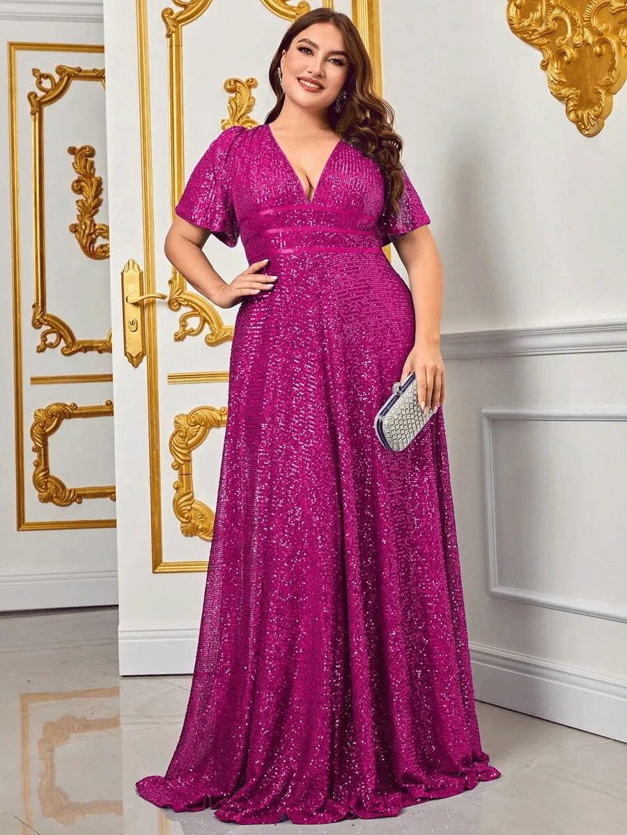 Sade™ | Women's Sequin Maxi Dress with V-Neck and Short Sleeves