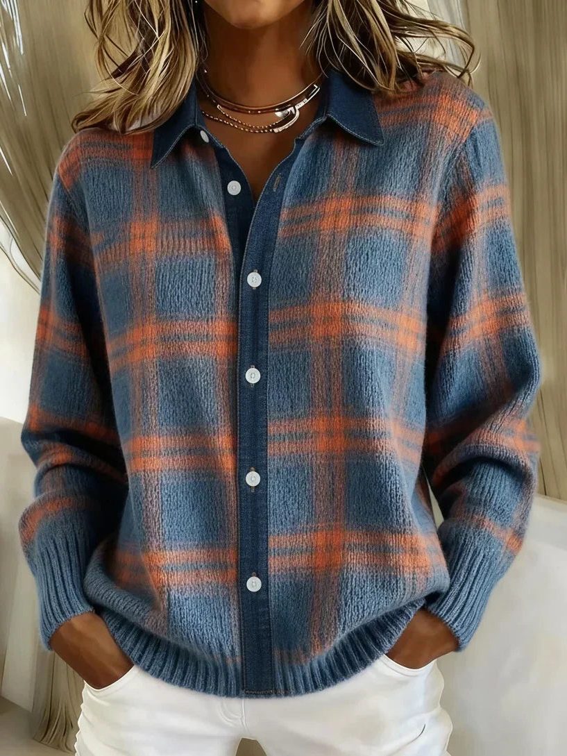 Zuzanna™ | Women's Plaid Knit Collared Button Cardigan